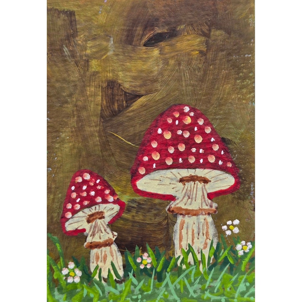 ACEO Mushroom Original Painting Toadstools Woodland Fairy Acrylic OOAK Signed